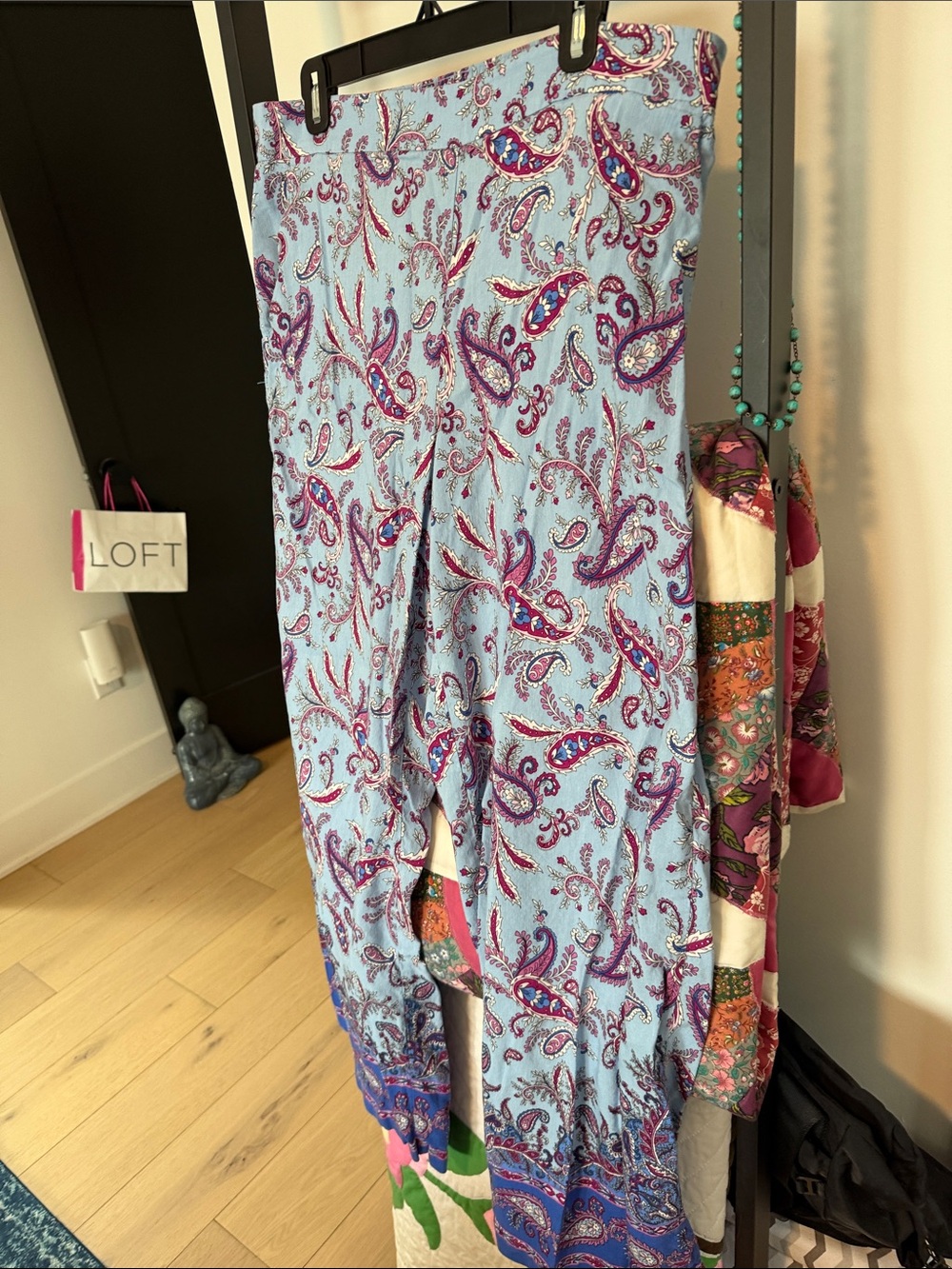 LOFT Light Blue Paisley Wide-Leg Pants with Pink and Purple Accents